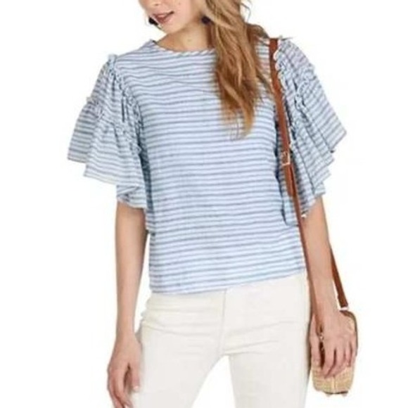 Who What Wear XXL Striped Ruffle Sleeve Top Blue White Cotton Blouse - Picture 1 of 6